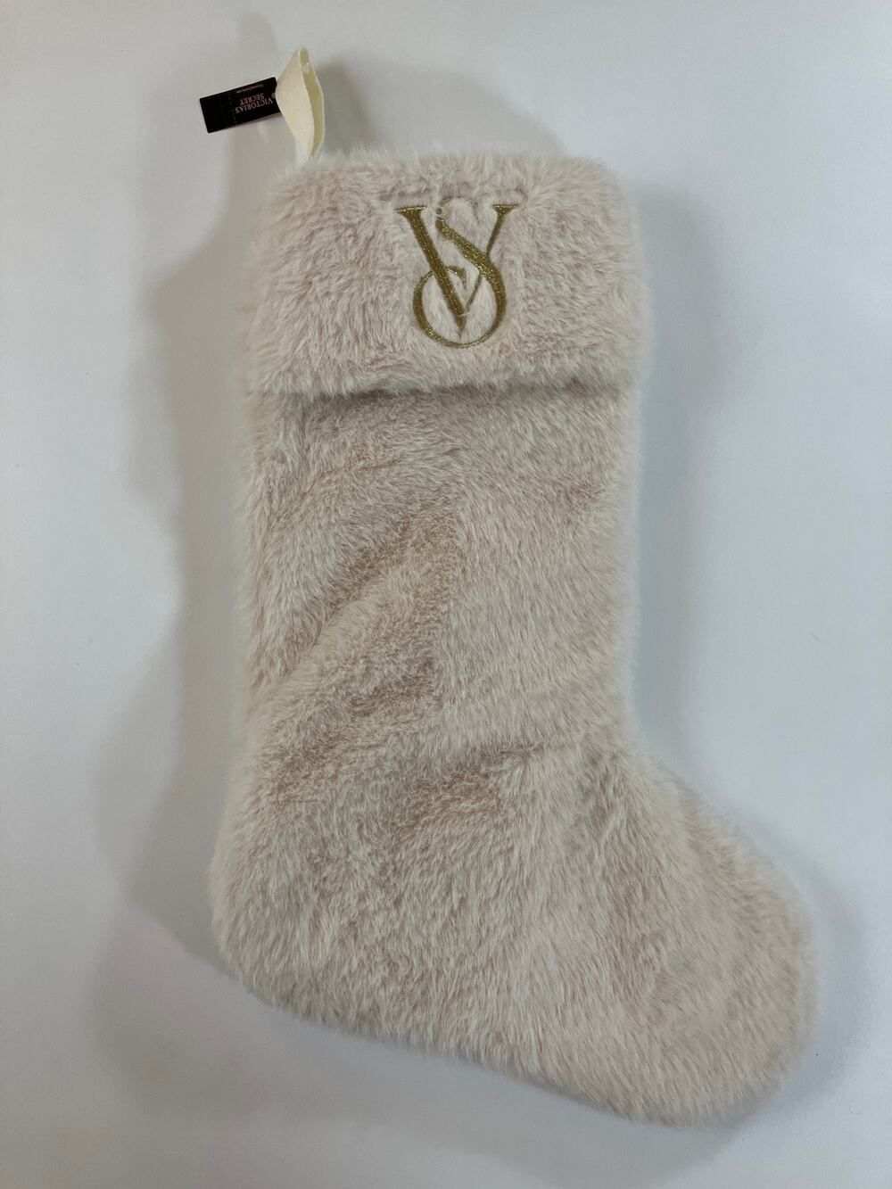 Victoria’s Secret Christmas Stocking Ivory Faux Fur Gold VS Logo NWT $39.95